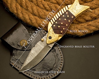 Handmade Damascus Steel Pocket Knife, Fishing Folding Knife, Camping Knife, Halloween Gift, Groomsmen Gift for Him, Personalized Gift