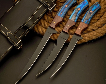 3 Pc Fillet Knife set Handmade Carbon Steel Fishing Knife Best Gift For Fishing Lover Personalized Knife Anniversary Gift For Husband