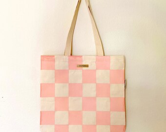 Organic Cotton Seashell Pink Checker Screen Printed Tote Bag