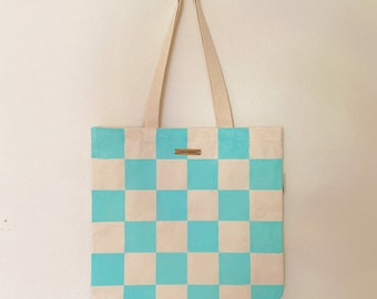 Organic Cotton Aqua Blue Checker Screen Printed Tote Bag