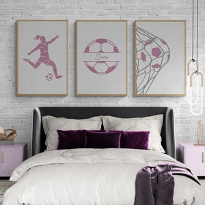 Set of 3 Soccer Wall Art for Girls Room, Personalized Name Art Prints ...