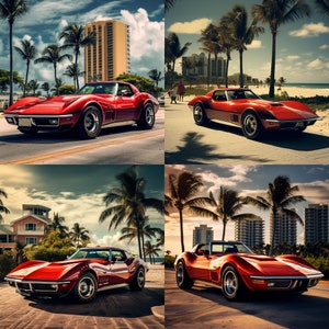 Może przedstawiać: Kolaż z czterema czerwonymi samochodami sportowymi Chevrolet Corvette Stingray. Każdy samochód znajduje się w innym otoczeniu, w tym na plaży, na ulicy miejskiej i w tropikalnym krajobrazie. Samochody są w doskonałym stanie i charakteryzują się klasycznym stylem Corvette.