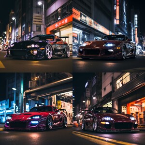 May include: Four images of a red and black sports car in a city setting at night. The car is parked in the street and the background is a city street with buildings and streetlights.