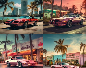 1980s Miami w / Pontiac Firebird 4er-Pack Digital Wallpaper Set
