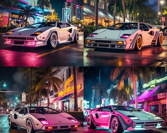 1980er Jahre Miami Neon w / Lamborghini Countach 4er-Pack Digital Wallpaper Set
