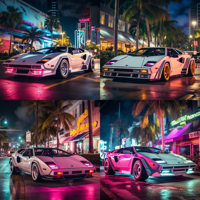 1980s Miami Neon W/ Lamborghini Countach 4-pack Digital Wallpaper Set ...