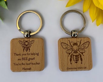 Personalised Teacher Keyring: Engraved Wooden Bee Thank You Gift