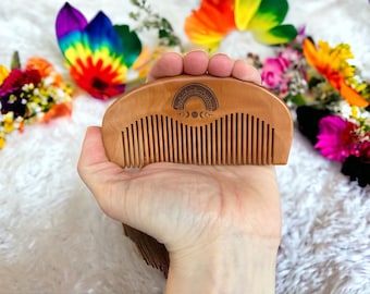 Boho Rainbow Birthing Comb: Peach Wood Acupressure Labor Tool