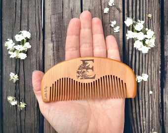 Personalized Peach Wood Birthing Comb: Floral Initial Acupressure Tool
