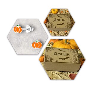 May include: Silver pumpkin earrings with orange enamel and green stems. The earrings are displayed on a gray hexagonal surface. Two boxes with the name "AMELIA", spiderwebs, and bats are also shown.