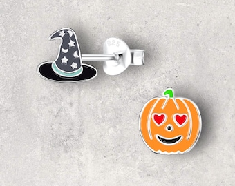 Personalised Engraved Box, Pumpkin And Witches Hat Sterling Silver Earrings, Halloween Gift, Seasonal Jewellery, 925 Mix Matched Studs