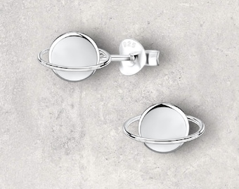 Personalised Box, Sterling 925 Silver Saturn Stud Earrings With Engraved Gift Box, Children/Adults Present, Space, Celestial Planets