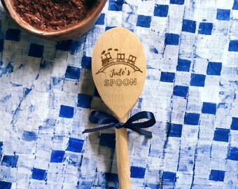 Child’s train wooden spoon, personalised baking spoon, mixing spoon, stocking filler