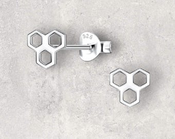 Sterling Silver Honeycomb Stud Earrings: Engraved Gift Box
