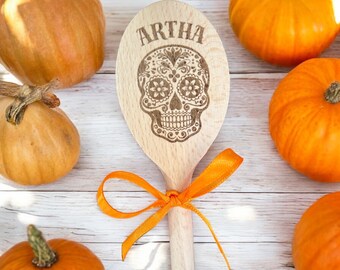Halloween personalised child’s wooden spoon, first Halloween keepsake, day of the dead baking utensil, Autumn cooking, skull festive gift