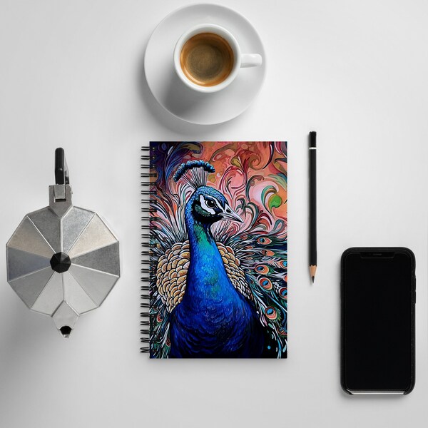 Spiral notebook, journal, blank page, peacock, inspirational, colorful bird, feathers, dotted pages