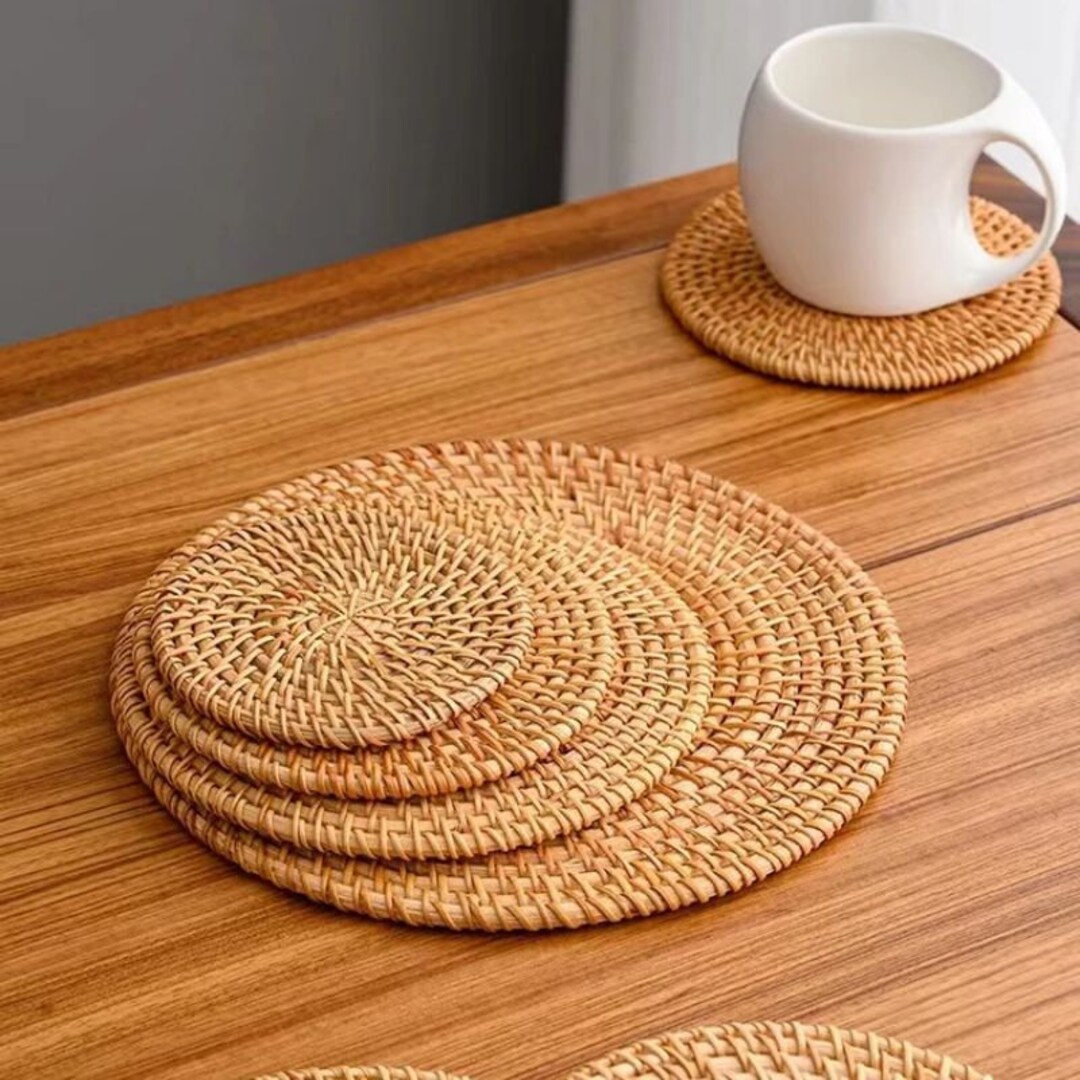 Cup Mat Round Natural Rattan Hot Pad hand Woven Hot Etsy