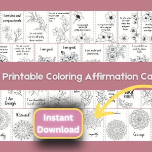 200 Positive Affirmation Cards with Coloring Pages, Printable Affirmation Cards, Mindfulness Coloring Cards, Mandala Printable Wall Art