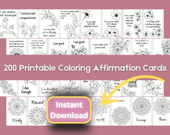 200 Positive Affirmation Cards with Coloring Pages, Printable Affirmation Cards, Mindfulness Coloring Cards, Mandala Printable Wall Art