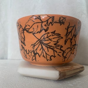 May include: A small, orange ceramic planter with a black leaf design. The planter is sitting on a white and brown coaster.