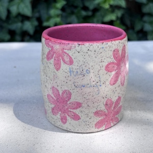 Hand-Painted Ceramic Tumbler with Flowers - Pink Glossy Interior