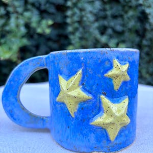 Hand-built Ceramic Mug - 3D Stars - Bright Yellow with Blue Glaze - Unique Handmade Coffee Cup