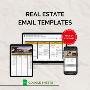 May include: A screenshot of a computer screen showing a Google Sheets spreadsheet with email templates for real estate agents. The spreadsheet is titled "Real Estate Email Templates" and is divided into three sections: "Lead Follow Up", "Seller Lead Follow Up", and "Buyer Transaction". The spreadsheet is open on a laptop computer and a tablet computer. A red circle with the text "Made by Realtors" is in the upper right corner of the image.