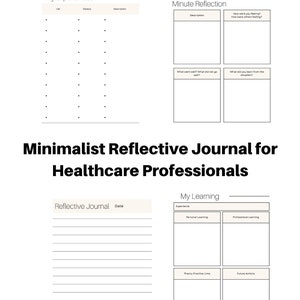 Puede incluir: Un diario imprimible diseñado para profesionales de la salud para reflexionar sobre sus experiencias, aprendizaje y acciones futuras. El diario incluye secciones para "Mis experiencias", "Reflexión de cinco minutos", "Diario reflexivo" y "Mi aprendizaje".