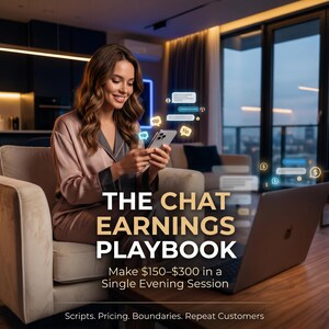 May include: A woman in a silk pajama set sits on a beige armchair, using a smartphone and laptop. The text "THE CHAT EARNINGS PLAYBOOK" is displayed, along with "Make $150-$300 in a Single Evening Session."