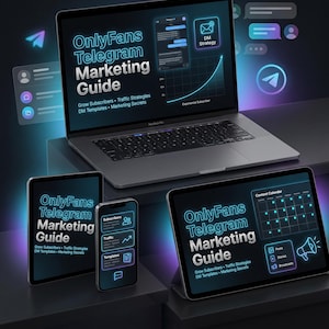 May include: A laptop, tablet, and smartphone display the "OnlyFans Telegram Marketing Guide." The guide's title is in a teal font. The laptop screen shows a graph and a chat interface. The tablet displays a content calendar.