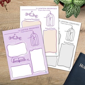 May include: Three printed cards with the text "'S Lenten Promises To grow closer to Christ". The cards feature line drawings of a broken chain, a candle in a cage, and an open book. The cards are in shades of purple, beige, and white.