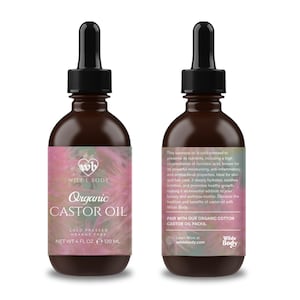 May include: Two brown glass bottles of organic castor oil with a pink and white floral design label. The label says "Wilde Body" and "Organic Castor Oil". The bottle on the right has additional text describing the benefits of castor oil. The bottles are 4 fluid ounces each.