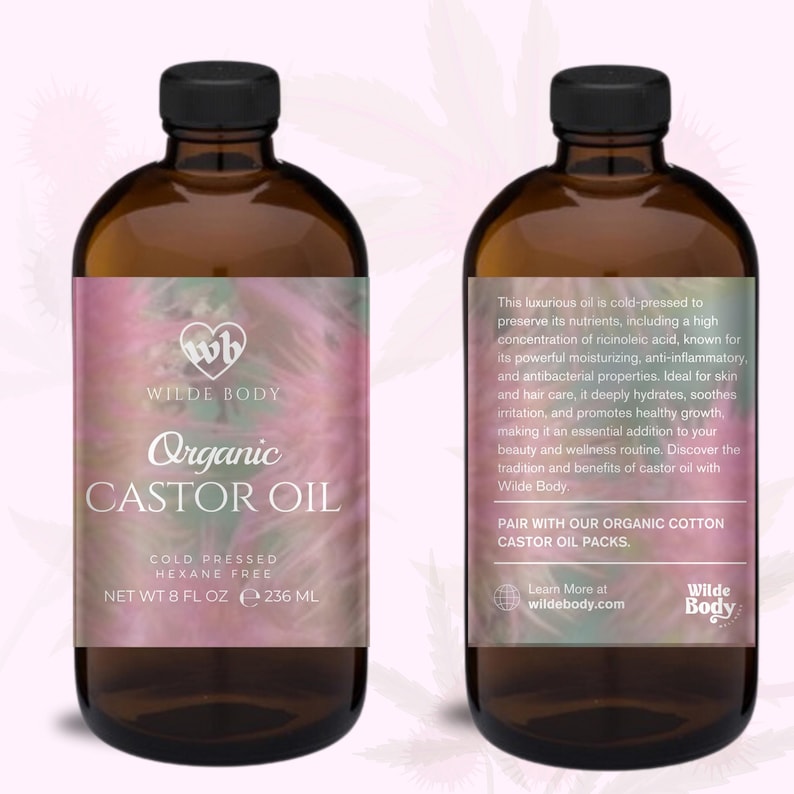 May include: Two amber glass bottles of organic castor oil, labeled with the Wilde Body logo and product information. The bottles are 8 fluid ounces each and are cold-pressed and hexane-free.