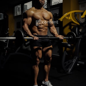 May include: A muscular man in a gym setting, lifting a barbell with a weight plate on each end. He is wearing black shorts and grey sneakers. The man is looking up and to the right.
