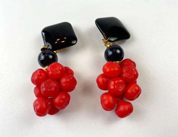 Vintage Dangling Clip-On Earrings with Red Cherry… - image 2