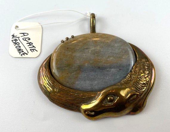 Vintage Artist-Made Polished Stone and Bronze Pendants — Multiple Styles Available: Agate, Jade, and Crazy Lace
