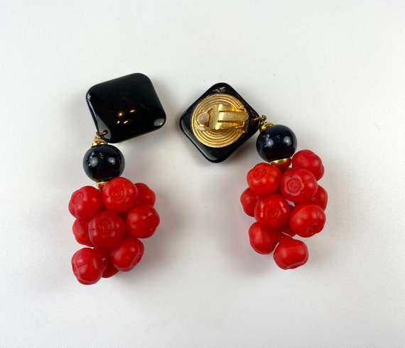 Vintage Dangling Clip-On Earrings with Red Cherry… - image 3