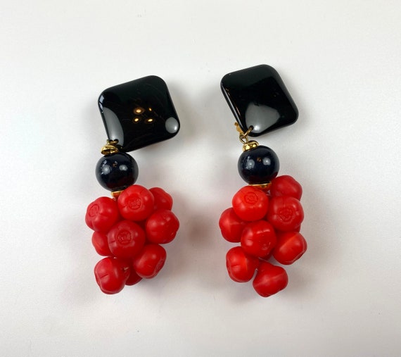 Vintage Dangling Clip-On Earrings with Red Cherry… - image 1