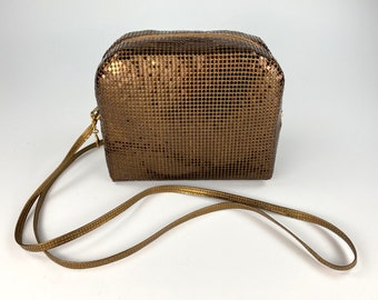 Vintage Whiting and Davis Gold Mesh Handbag / Purse w/ Leather Strap — Circa 1960s – 1970s