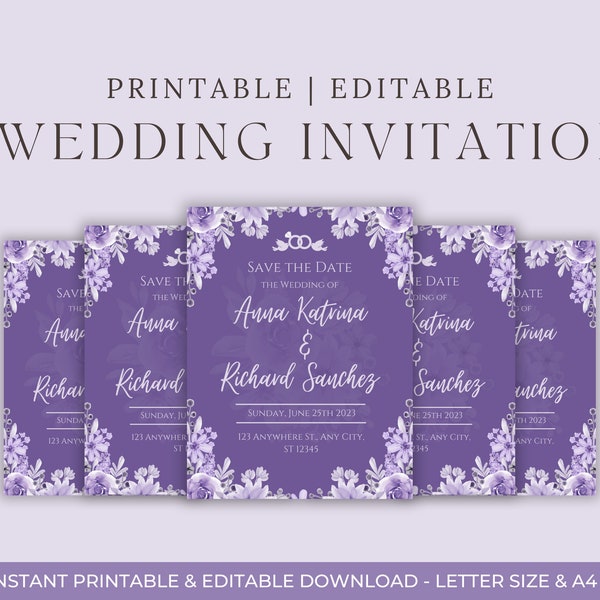 Lilac Wedding Invitation Template, Purple Floral Wedding Invitation, Printable Wedding Invitation Template, Lilac Wedding Invites.