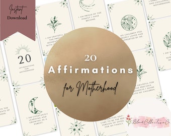 Puede incluir: Veinte tarjetas de afirmación imprimibles para la maternidad con ilustraciones verdes y detalles dorados. Las tarjetas presentan frases como "Estoy agradecida por los preciosos momentos que comparto con mis hijos" y "Estoy aprendiendo y creciendo constantemente como madre".