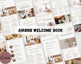 May include: A welcome book for Airbnb guests with a white background and brown text. The book includes sections for "Things to Do", "Where to Eat", "House Rules", "Amenities", "Before You Leave", and "Thank You".
