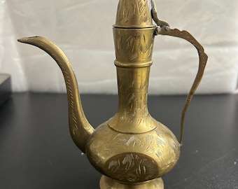 Vintage Brass Coffee/Tea Pot, Made in India, Hand-Etched Floral Designs