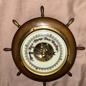 Vintage Barometer, Nautical Ship Wheel Design, Wood and Brass