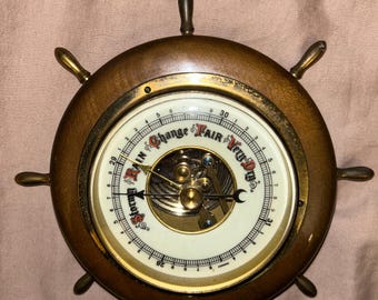 Vintage Barometer, Nautical Ship Wheel Design, Wood and Brass