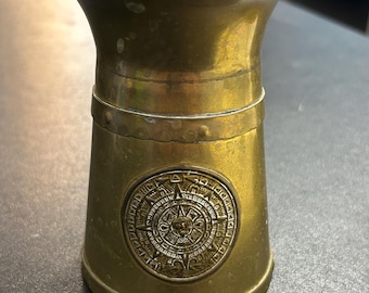 Vintage Brass Pitcher-Mug-Stein Featuring Embossed Aztec or Mayan Calendar Medallion