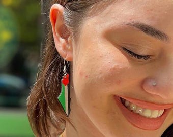 Hand-Painted Palestine Map Flag Earrings, Sterling Silver 925 hooks