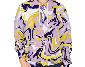May include: A purple, yellow, and white abstract marbled print hoodie. The hoodie has a drawstring hood and a kangaroo pocket.