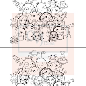 Peut inclure: Une illustration en noir et blanc d'un groupe d'extraterrestres avec des caractéristiques et des expressions différentes. Les extraterrestres sont debout en groupe, certains tiennent des objets comme un télescope et une fusée. Le texte "Repère les 7 différences puis colorie ton dessin! / Spot the 7 differences then color in the drawings! / Finde die 7 Unterschiede und male dann die Zeichnungen aus! / ¡Encuentra las 7 diferencias y luego colorea los dibujos!" est en haut de l'image.