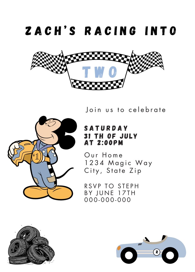 Editable Blue Roadster Racers Invitation Racing Party Invite Race Car Birthday Mickey Mouse ...